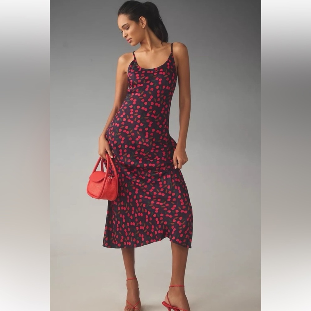 Anthropologie x Conditions Apply Elva Printed Midi Slip Dress Cherry